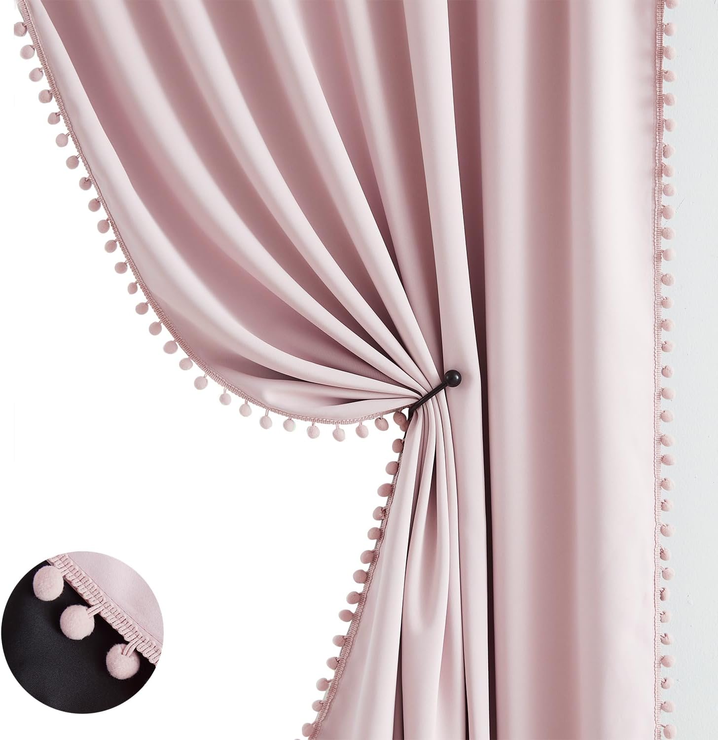 Pink Blackout-Curtains for Bedroom Pom Pom Thermal Insulated 100% Full Blackout Curtain Panels for Girls Baby Nursery Room 84 inch Energy Efficient Window Drapes for Kids 52 w x2 Panels Rod Pocket